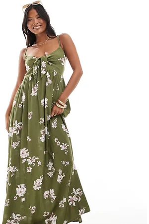 JDY Tie front maxi dress in khaki floral