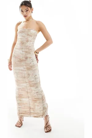 Murci Mesh ruched bandeau maxi dress in beige print