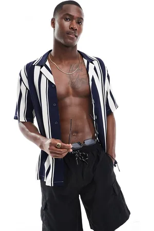 River Island Camp collar swim shirt in navy stripe - part of a set