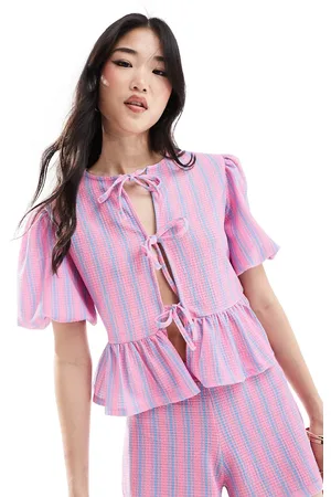 ASOS Textured volume sleeve tie front top in stripe - part of a set