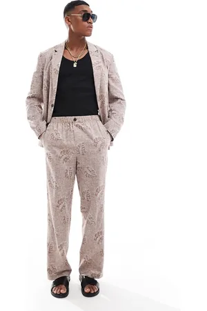 ASOS Pull on linen wide leg jacquard suit pants in beige