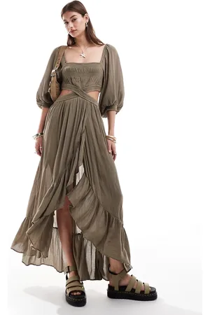 Free People Taupe balloon sleeve maxi dress with side cut outs