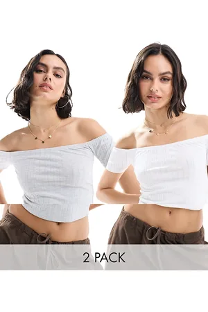 Miss Selfridge Short sleeve ribbed top two pack in white and gray heather