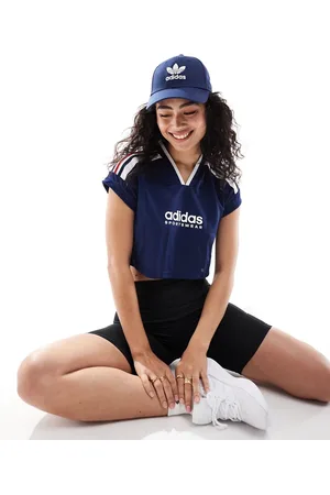adidas Adidas Soccer Tiro cropped t-shirt in blue with red and white stripes