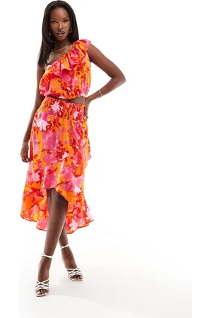 Ax Paris Ruffle trim midi skirt in orange and pink floral - part of a set