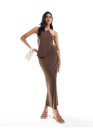 Pull&Bear Side tie up detail maxi skirt in brown - part of a set