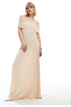Lioness Knit ruched bardot drop waist pleated maxi dress in beige