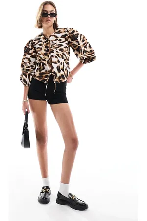 ASOS Cotton long sleeve top with ties in leopard print