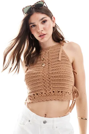 ASOS Halter neck knit top with tie side detail in mocha
