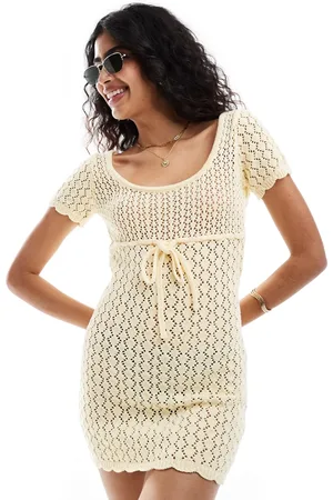 The Frolic Mango cross tie detail open back mini crochet beach dress in lemon