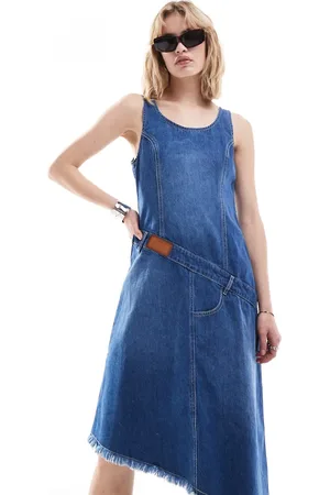 Urban Revivo Asymmetric denim shift dress in mid blue wash