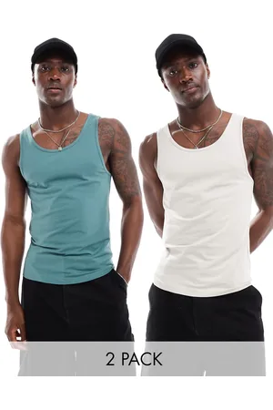 ASOS 2 pack muscle fit tank tops in stone and mid green
