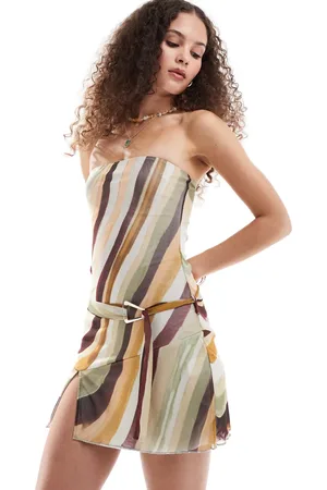 Motel Kevsra belted bandeau mesh mini dress in wiggle sunset