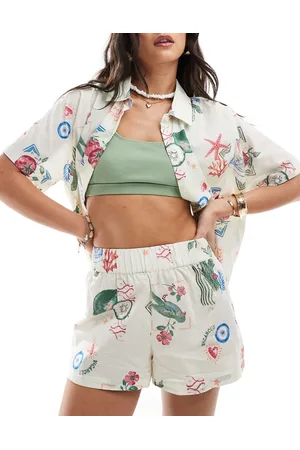 ASOS Linen look beach shorts in postcard print - part of a set