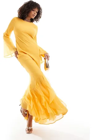 ASOS Long sleeve bias chiffon maxi dress with ruffles in