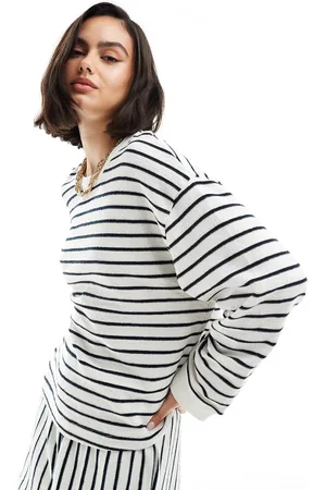 ASOS Textured striped long sleeve T-shirt in cream and navy - part of a set