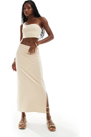 ASOS Reversible slinky bandeau top and column maxi skirt set in white and stone