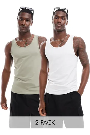 ASOS 2 pack muscle fit tank tops in khaki and gray