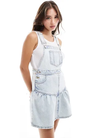 Miss Selfridge Drop hem overall mini dress in light wash