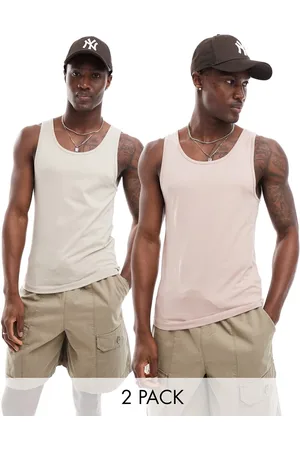 ASOS 2 pack muscle fit tank tops in pink and stone