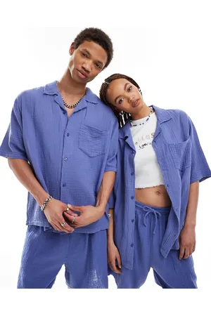 COLLUSION Unisex textured oversized revere short sleeve shirt with raw detail in lavender blue