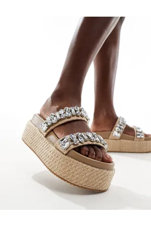 Public Desire Duchess flatform sandals with embellished straps in raffia