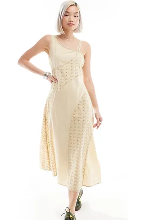 Reclaimed Midi dress with one shoulder detail in buttermilk yellow