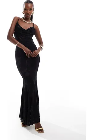 Rare Fashion London devore velvet cowl neck fishtail maxi dress in