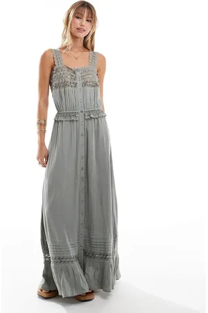 Miss Selfridge Crinkle lace insert strappy maxi dress in washed gray