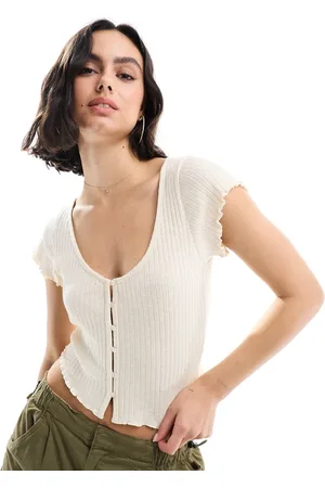 Miss Selfridge Short sleeve textured button up top in ivory