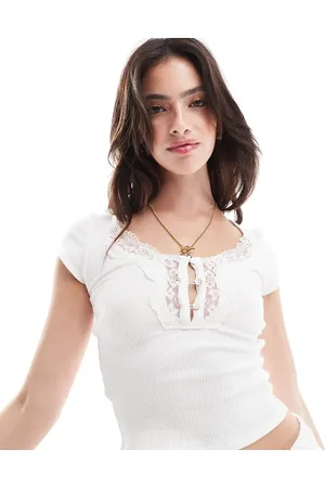 Miss Selfridge Button up lace trim short sleeve top in