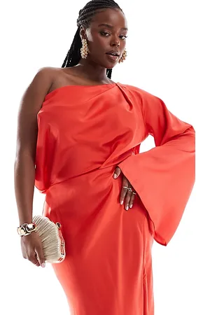 ASOS ASOS DESIGN Curve satin off the shoulder asymmetric maxi dress in