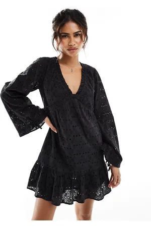 Reclaimed Western eyelet smock mini dress in black