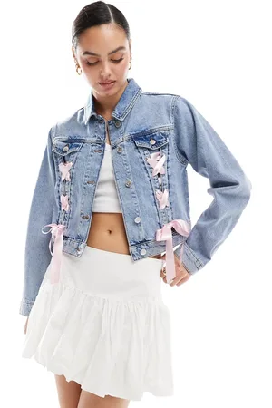 Miss Selfridge Satin ribbon tie detail denim girlfriend jacket in mid wash
