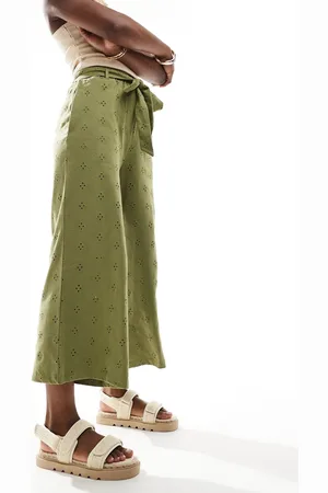 ASOS Broderie wide leg pants with tie belt in khaki