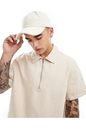 Weekday Dejan heavyweight linen mix short sleeve polo zip shirt in beige