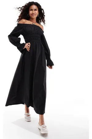 Glamorous Off shoulder shirred waist maxi dress in