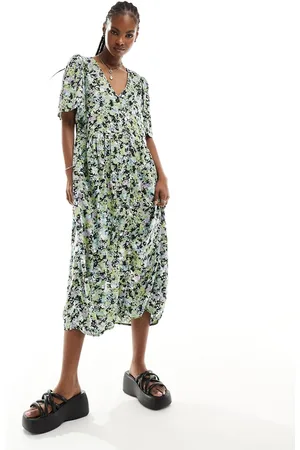Monki Button up midi dress in floral print exclusive to ASOS