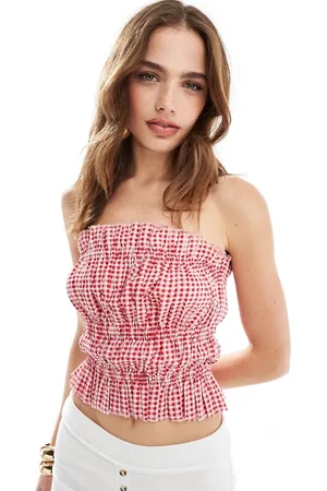 ASOS Shirred bandeau with raw edge in red gingham