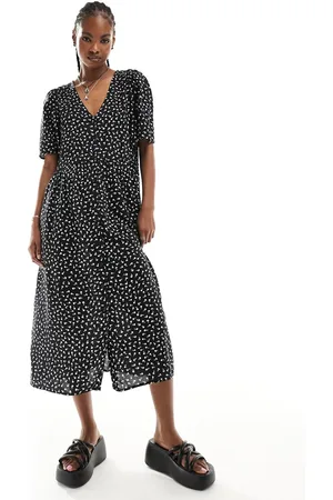 Monki Button up midi dress in black ditsy print exclusive to ASOS