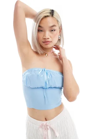 Glamorous Bandeau crop top in baby blue with ribbon trim