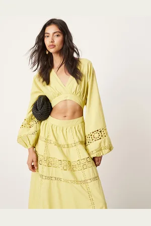 ASOS Crochet trim cut out waist midi dress with balloon sleeve in