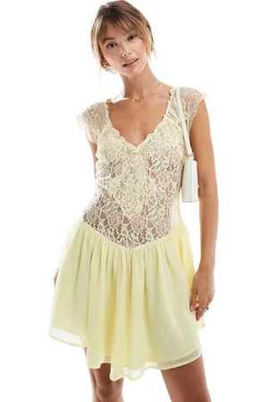 ASOS Mixed lace mini tea dress in lemon