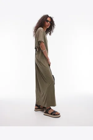 Topshop Premium super soft twist back cupro t-shirt midi dress in khaki