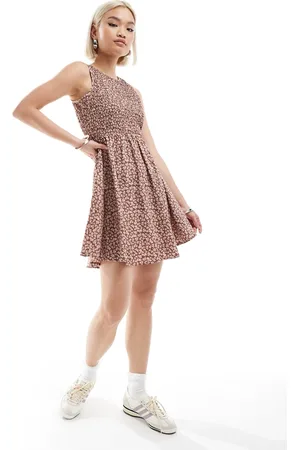 Daisy Street Shirred mini tea dress in brown pink floral
