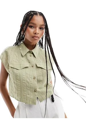 ASOS Short sleeve cropped shirt in textured green stripe