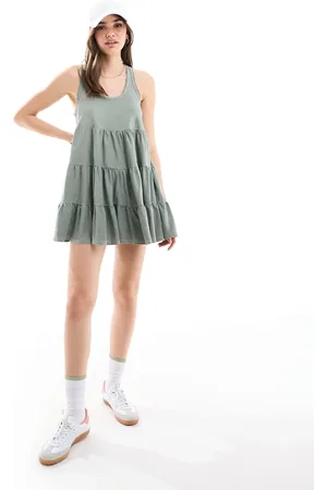Miss Selfridge Sleeveless acid wash smock mini dress in sage