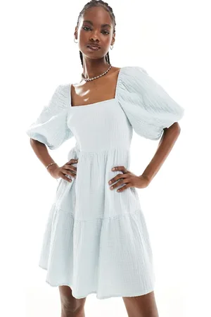 Monki Square neck mini dress in with tiered hem in textured