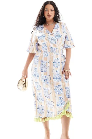 Never Fully Dressed Tassel hem wrap midi dress in cobalt tea pot print