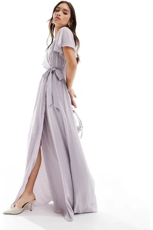 Six Stories Bridesmaid flutter sleeve chiffon maxi dress in lilac